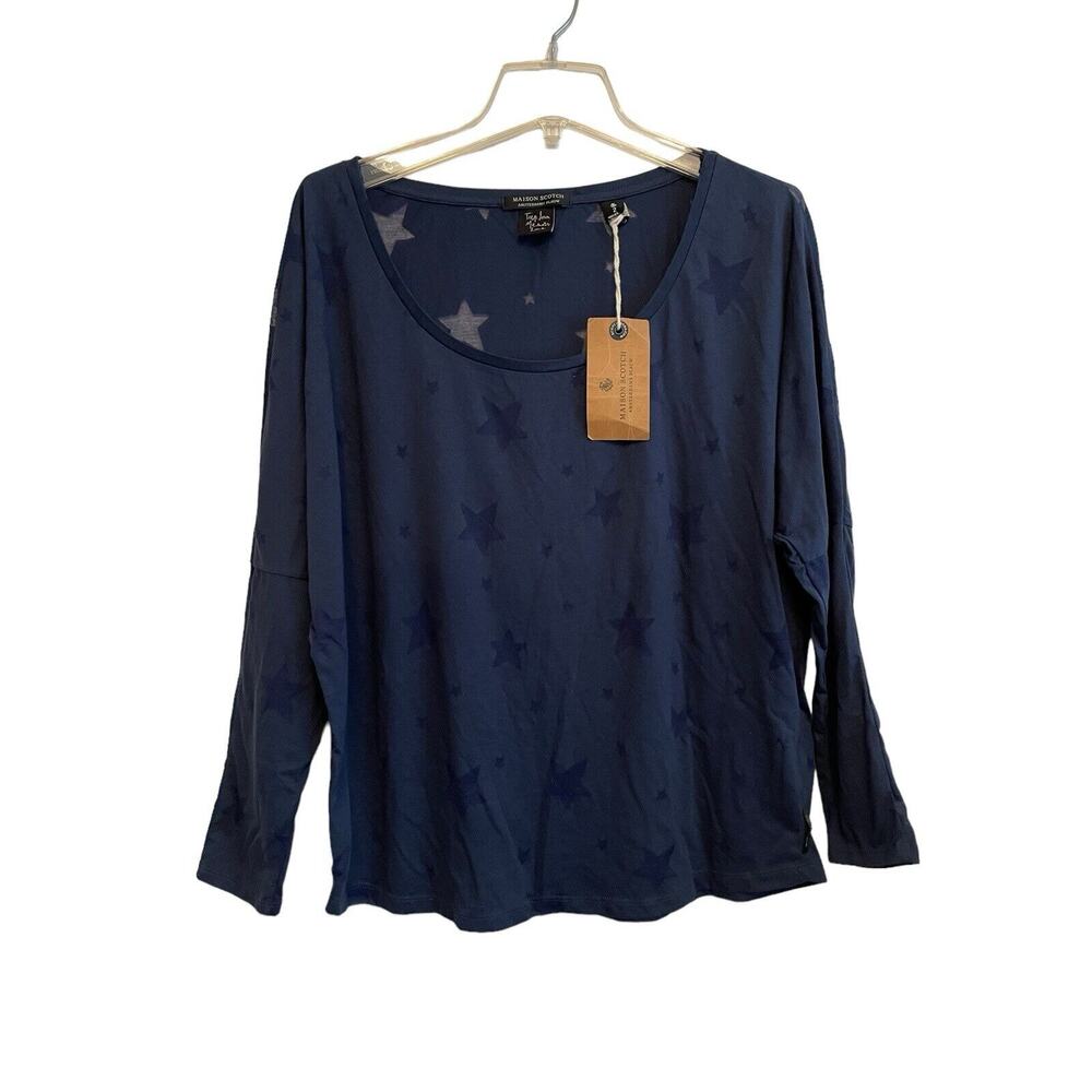 Maison Scotch Long Sleeve Shirt Women Size Medium Blue‎ Star Sheer Jersey NWT